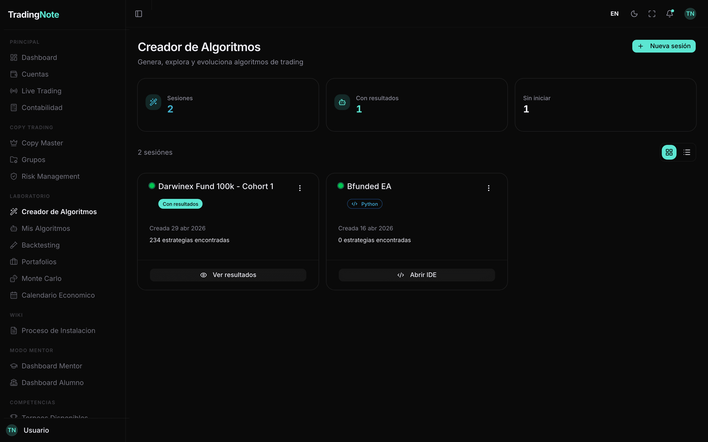 Creador de Algoritmos con sesiones activas y estrategias encontradas