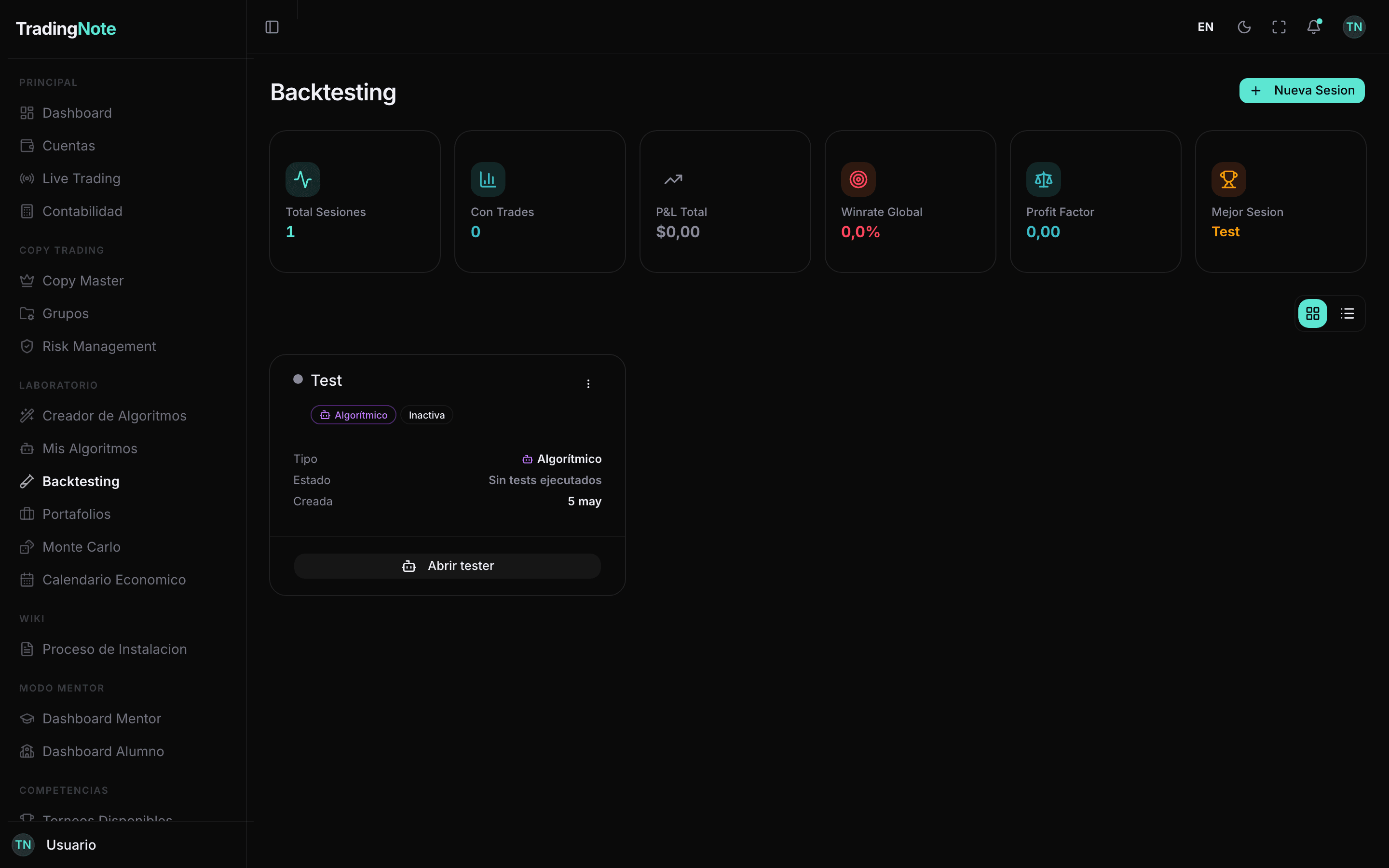 Listing de sesiones de backtesting con stats globales y card de sesión