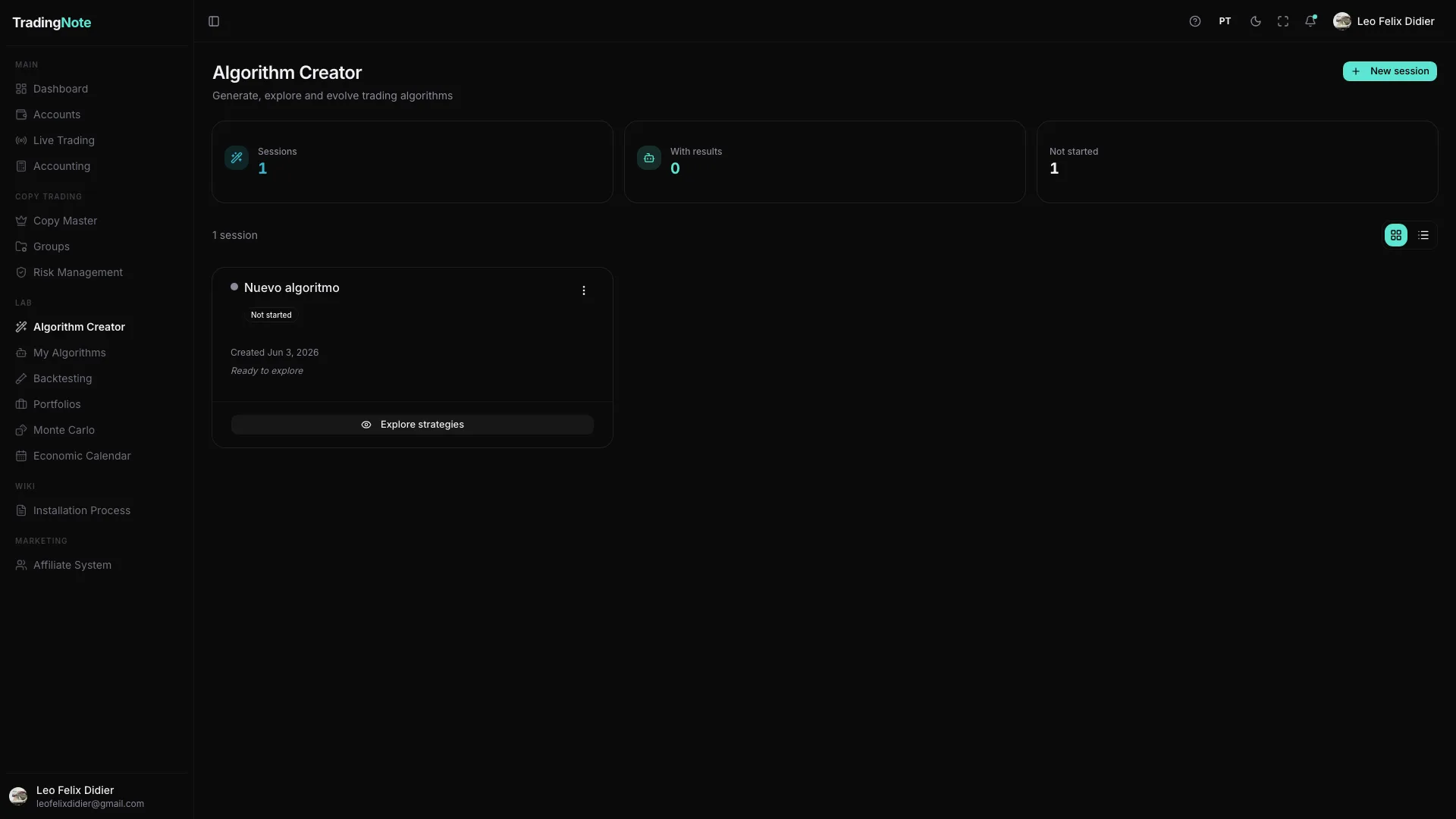 Pantalla del Creador de Algoritmos con las sesiones de exploración