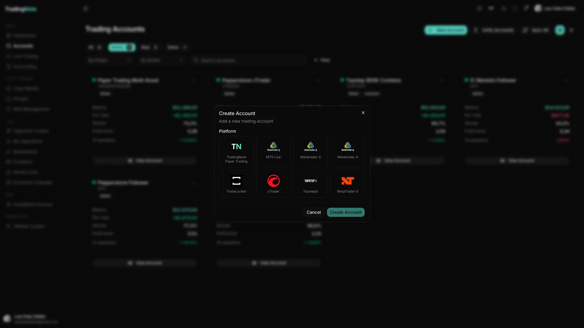 Ventana «Create Account» con las plataformas de broker disponibles