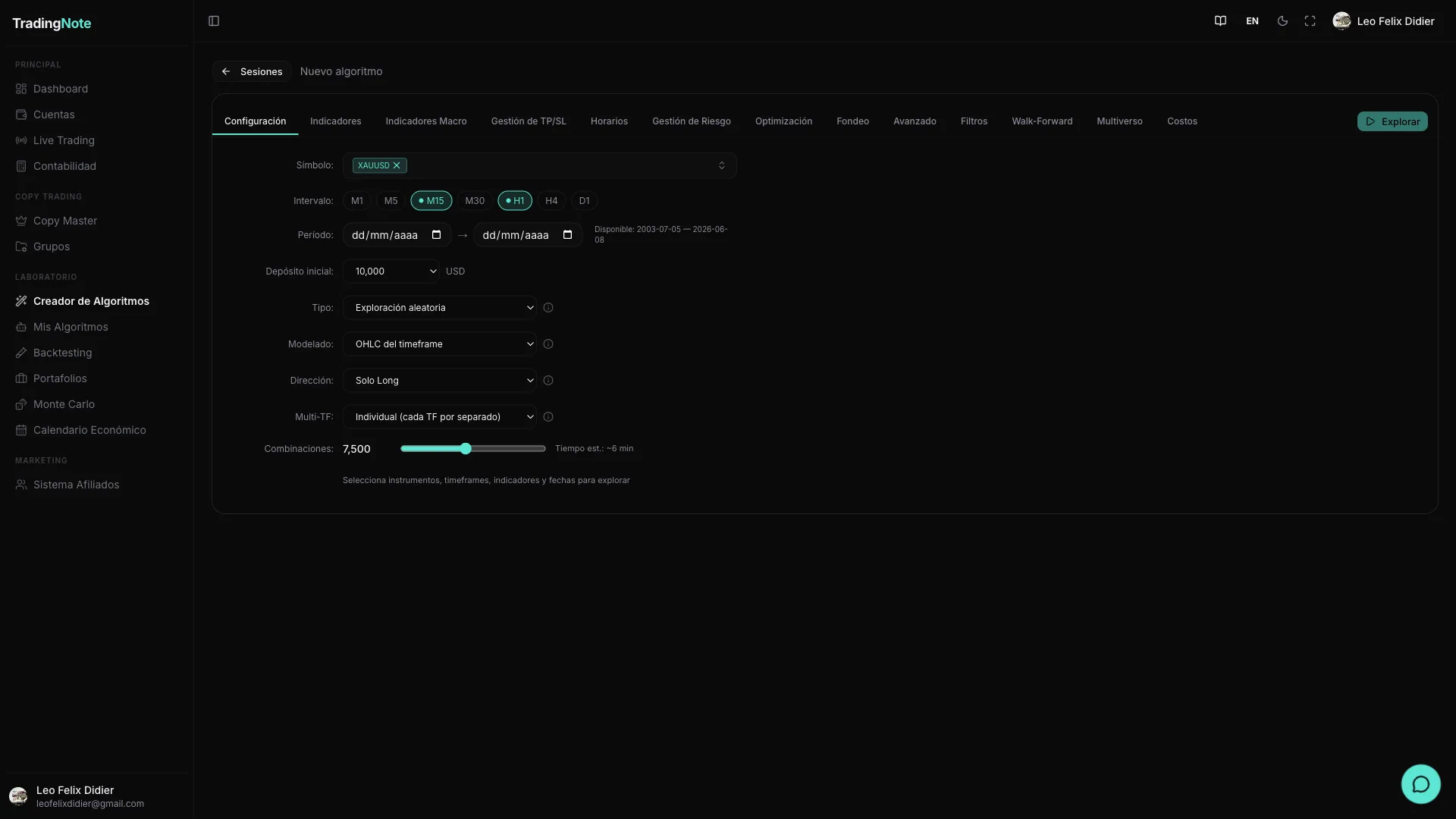 Pestaña de Configuración del explorador de estrategias