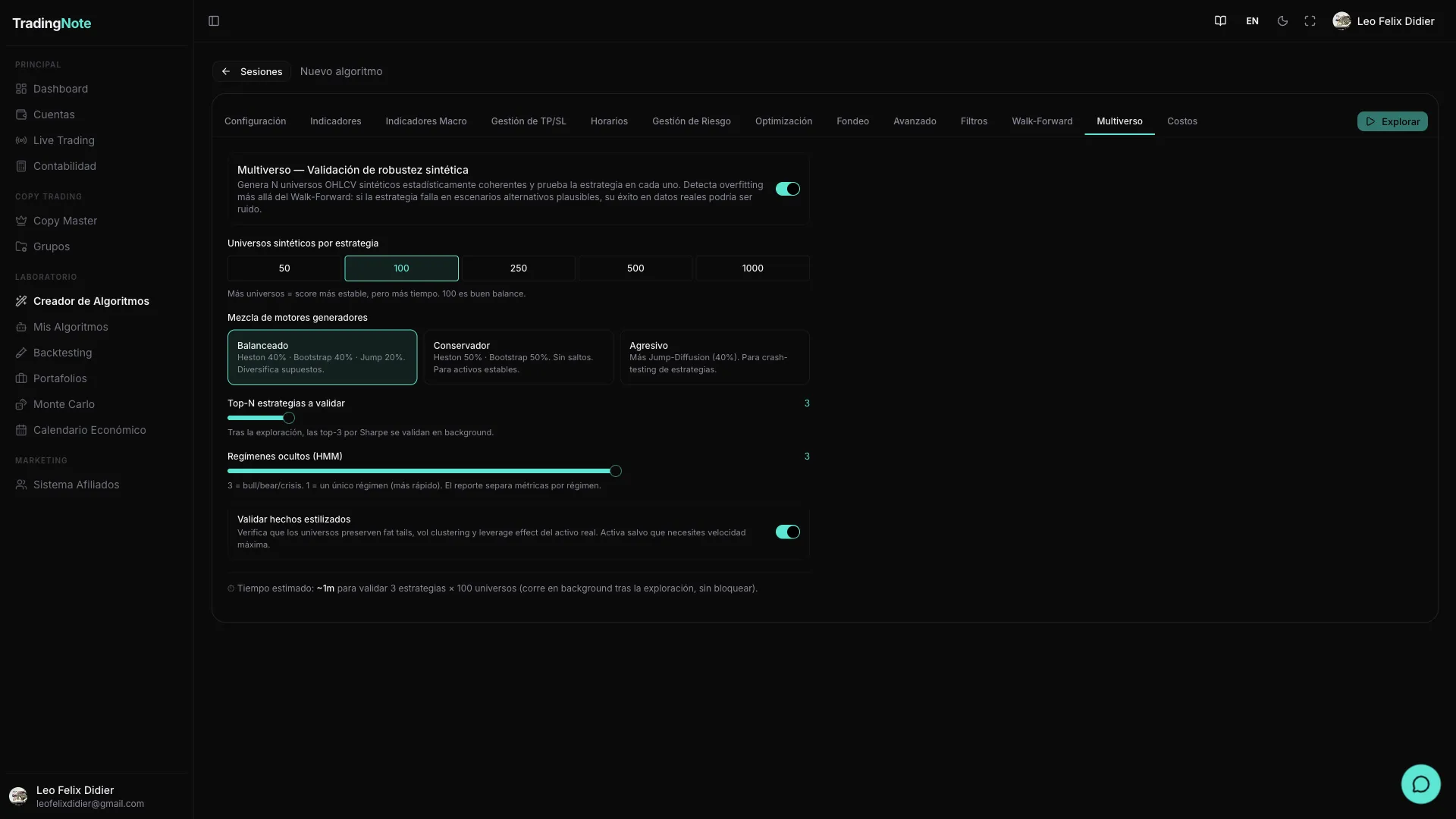 Pestaña Multiverso activada con su configuración