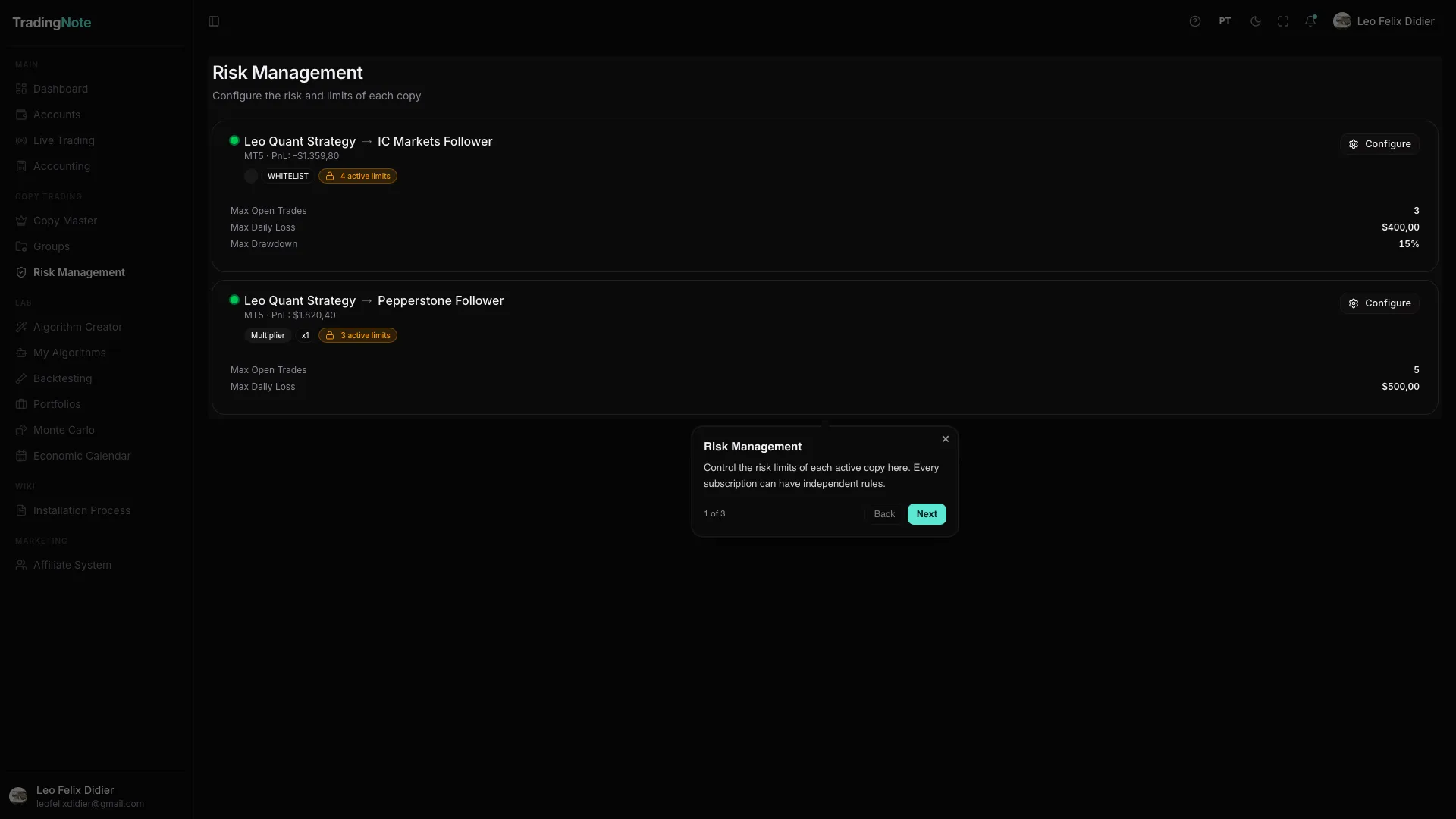 Pantalla de Risk Management con los límites de riesgo